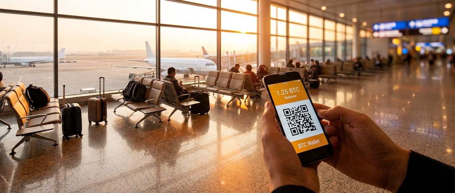 Traveler using a Bitcoin wallet on a phone while booking flights at an airport