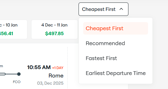 cheapest flight booking interface