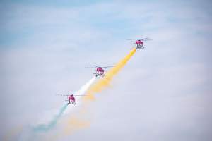 Stunning aerial display by Indian Air Force helicopters in New Delhi sky.