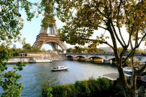 Captivating view of Eiffel Tower over Seine River with lush trees in Paris, France.