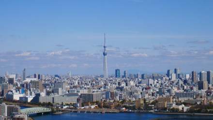 Aerial view of Tokyo skyline, featuring the iconic Tokyo Skytree under a clear blue sky.