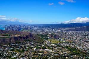 Stunning aerial view of Honolulu city and the iconic Diamond Head crater in Hawaii.