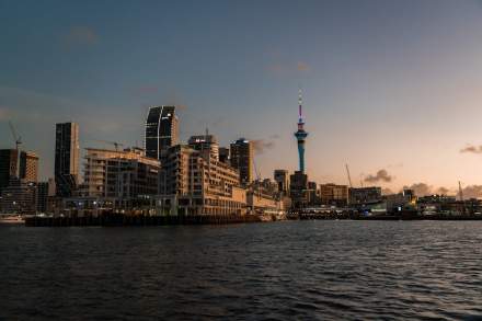 Captivating view of Auckland's skyline featuring the Sky Tower at dusk.